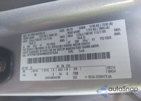 2021 Ford F-150 Xlt z USA, uszkodzony, nr VIN 1FTFW1E50MKE57534